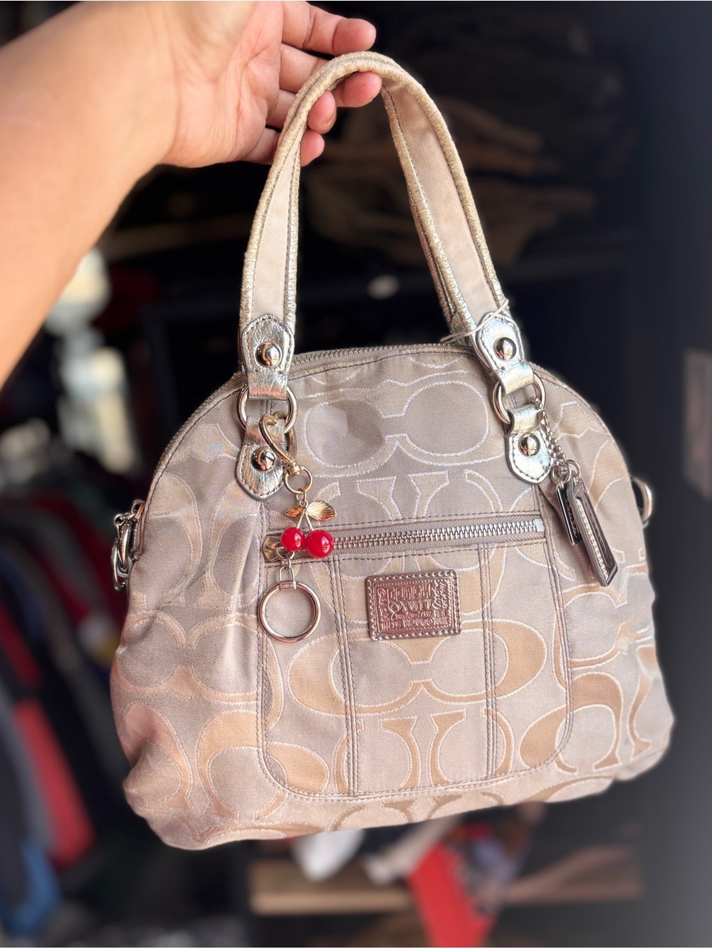 Coach Beige Signature Dome Satchel with Cherry Charm